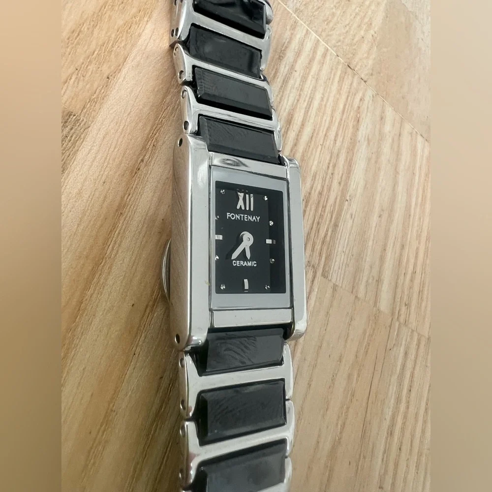 Fontenay Paris ladies rectangular silver tone black ceramic watch NEW BATTERY